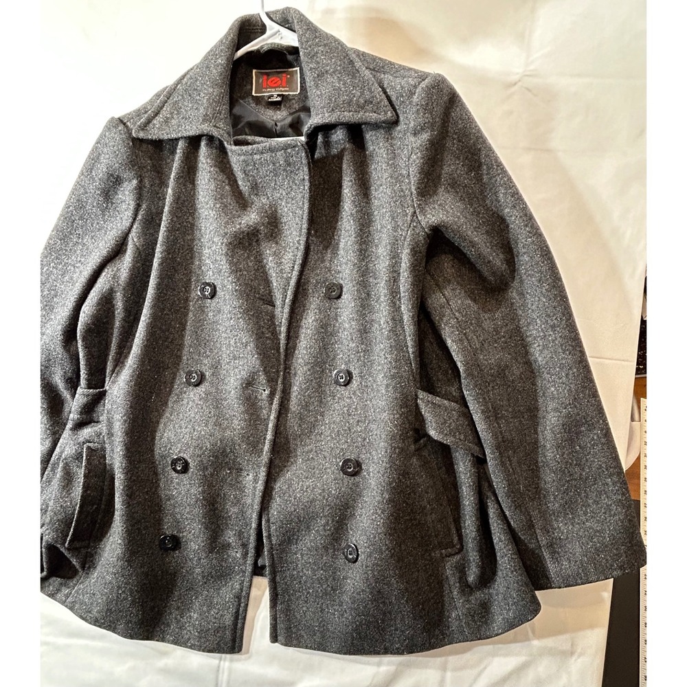 LEI Womens XL Gray Double Breasted Pea Coat Wool Blend Belted Jacket Charcoal